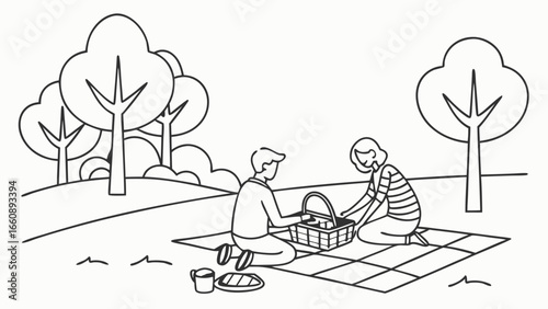 Line art illustration of a couple having a picnic in a park. Outdoor leisure activity, black and white drawing.