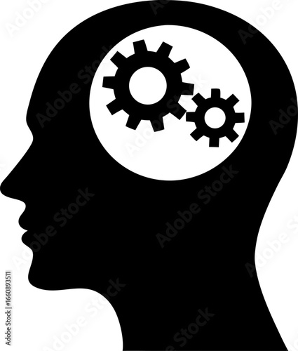 Black silhouette of a human head with gears inside the brain