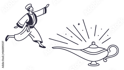 Man in traditional attire running towards a magical lamp.