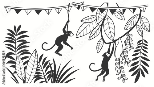 Monkeys swinging on vines in a jungle setting with decorative bunting.