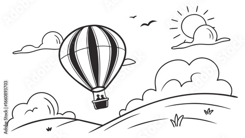 Scenic Hot Air Balloon Flight Over Hills and Clouds - Black and White Line Art Illustration