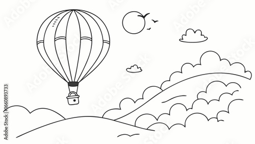 Minimalist Hot Air Balloon Flight Over Rolling Hills Line Art