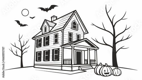 Classic Haunted House Illustration with Bats, Pumpkins, and Bare Trees. Spooky Halloween Line Art.