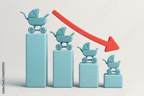 A light teal-colored baby carriages aligned in falling chart with red arrow pointing down.