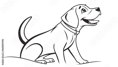 Happy Cartoon Dog Sitting Line Art. Cute Puppy Illustration for Coloring Book.