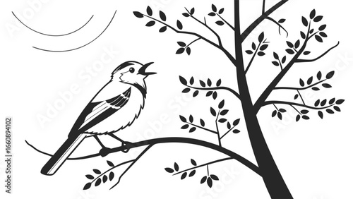 black and white bird singing on branch clip art preview