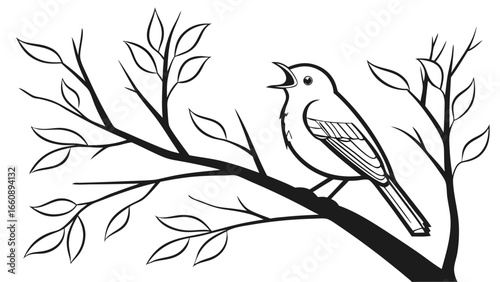 Singing Bird on Tree Branch Line Art Illustration. Black and White Graphic of Nature's Melody and Spring Awakening.