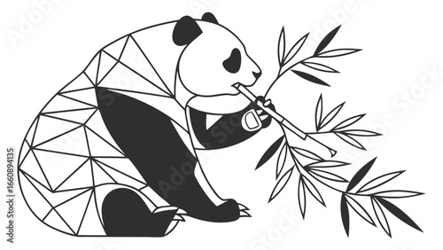 Geometric Panda Eating Bamboo Illustration. Black & White Polygonal Design.