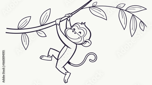 Cheerful cartoon monkey swinging from a branch. Black and white line art illustration of a happy primate for coloring.