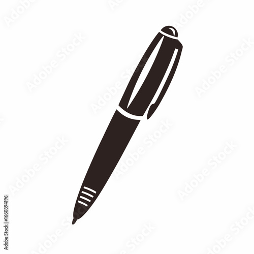 A black ballpoint pen on a white background