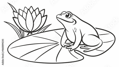 Cute cartoon frog sitting on a lily pad next to a water lily blossom. Black and white line art illustration for coloring book.