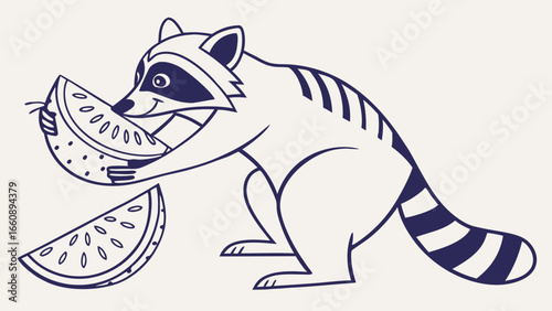 Happy cartoon raccoon enjoying a fresh watermelon slice illustration