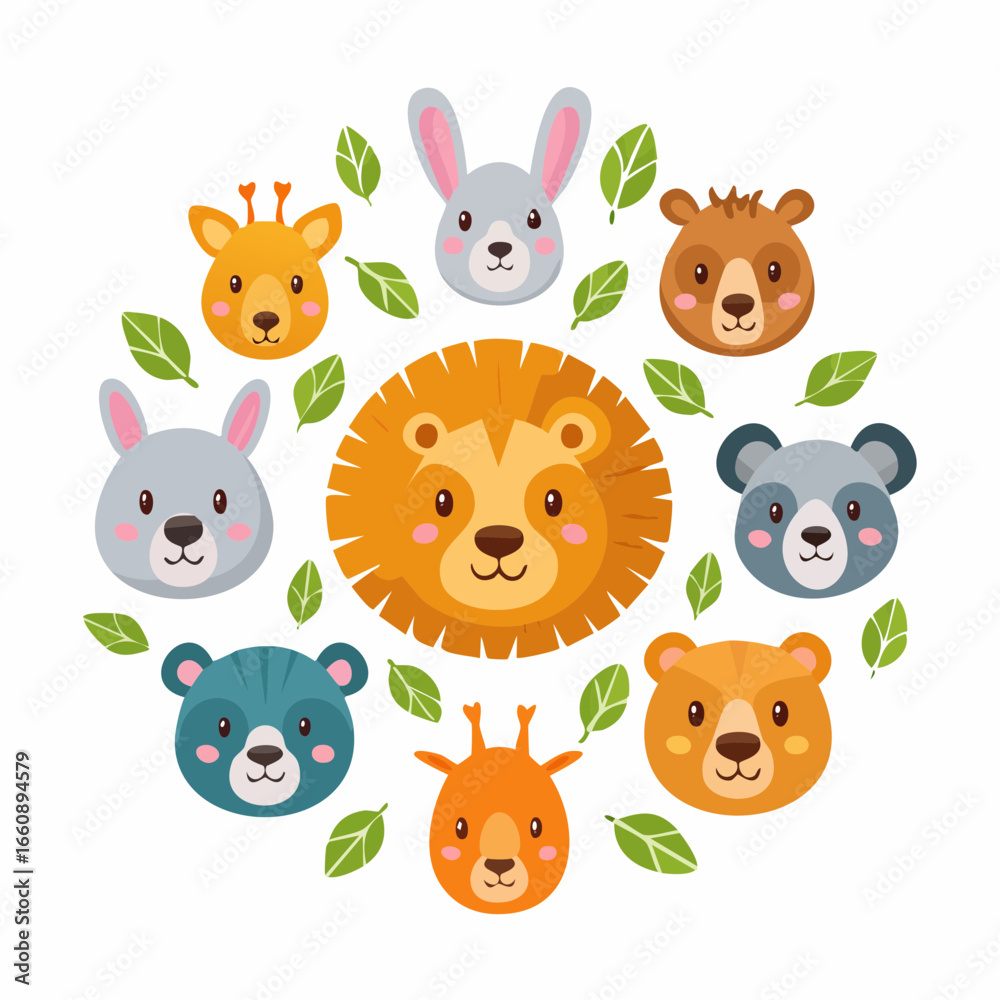 Naklejka premium Colorful cartoon animals arranged in a circular pattern surrounded by leaves.