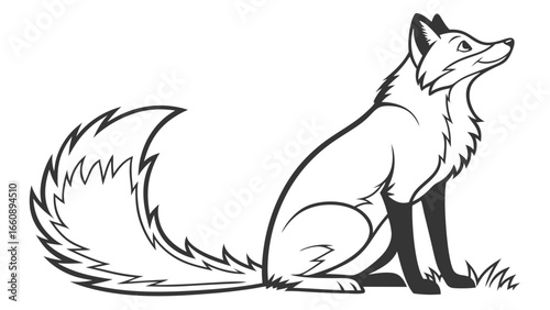 Sitting Fox Illustration. Stylized Black and White Wildlife Animal Artwork on Grass.