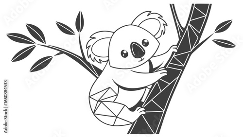Cute Koala Climbing Tree Branch Illustration. Adorable Cartoon Animal Character with Geometric Patterns. Black and White Vector Graphic.
