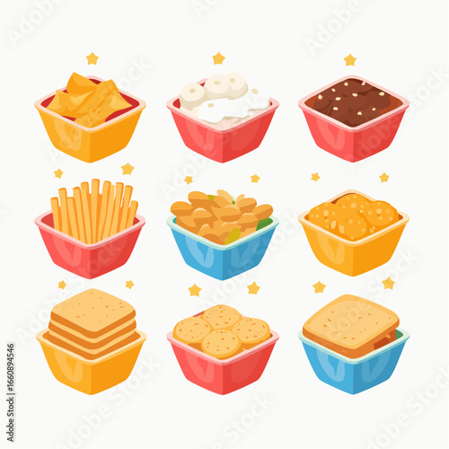 Assorted Snacks in Colorful Bowls with Various Treats.