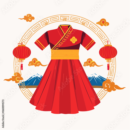 Traditional Chinese red dress with lanterns and mountains.