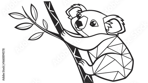 Cute Geometric Koala Line Art Illustration Climbing Tree Branch