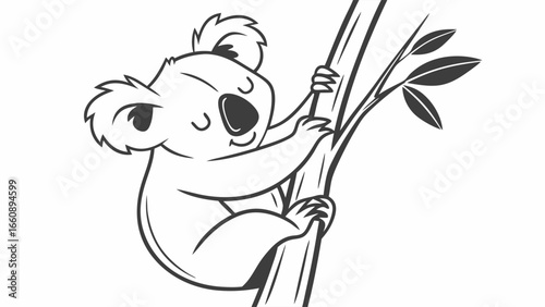 Cute Koala Climbing Tree Branch Cartoon Illustration - Black and White Line Art