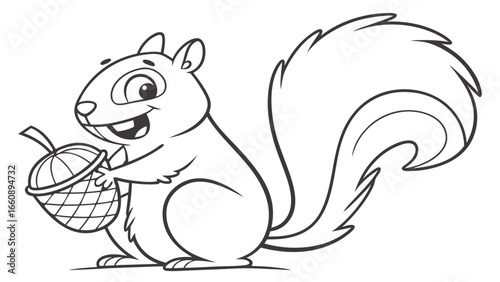 Cute Cartoon Squirrel Holding Acorn Line Art Illustration