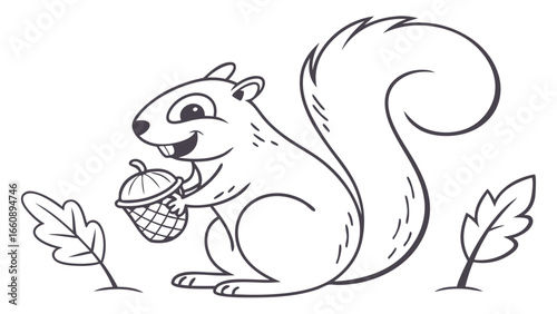Happy cartoon squirrel holding an acorn with autumn leaves, line art illustration