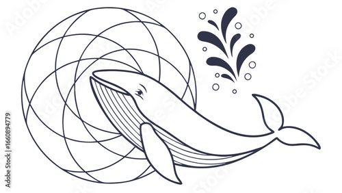 Stylized Whale Line Art with Geometric Spiral and Water Splash. Marine Life Illustration.