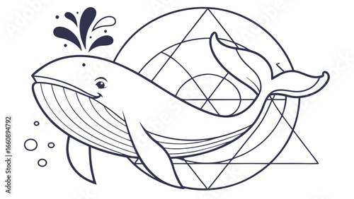 Cute Cartoon Whale Spouting Water with Geometric Shapes Background Line Art Illustration