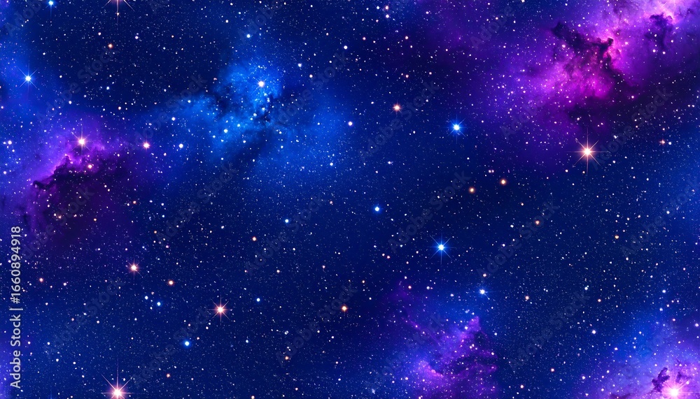 Naklejka premium A vibrant cosmic scene featuring a nebula with swirling blues, purples, and pinks, speckled with bright stars against the dark expanse of space.