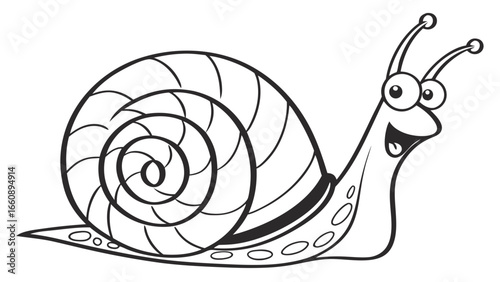 Happy Cartoon Snail Outline Illustration. Cheerful garden mollusk character in black and white line art, perfect for kids' coloring book pages.