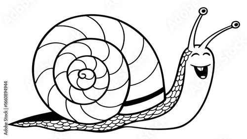 Smiling Cartoon Snail Outline Illustration for Coloring Book. Cute Mollusk Character Line Art, Black and White Vector.