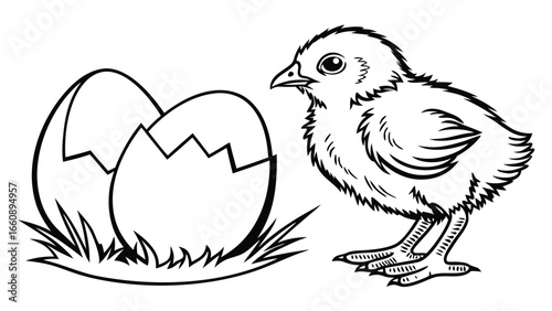 Cute Baby Chick and Broken Eggshells Line Art Illustration. Newly Hatched Fowl on Grass, Symbol of New Life and Spring.