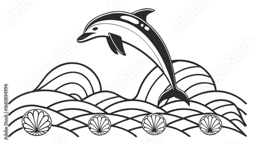 Marine life graphic: Dolphin leaping over stylized waves and seashells, black and white vector art