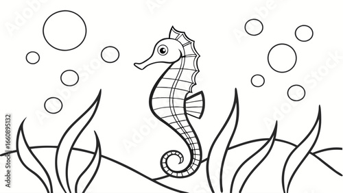 Cute Seahorse Underwater Line Art. Marine Life Coloring Page with Seaweed and Bubbles. Black and White Outline Illustration.