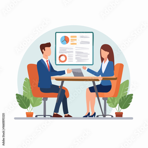 Business professionals discussing data on laptop and chart.