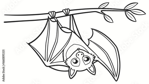 Cute cartoon bat hanging upside down from a tree branch. Black and white line art illustration for coloring book.