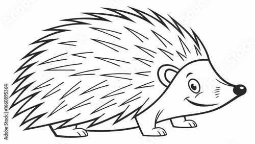 Smiling Cartoon Hedgehog Line Art Illustration. Cute black and white outline drawing of a happy spiny animal character for children's designs.