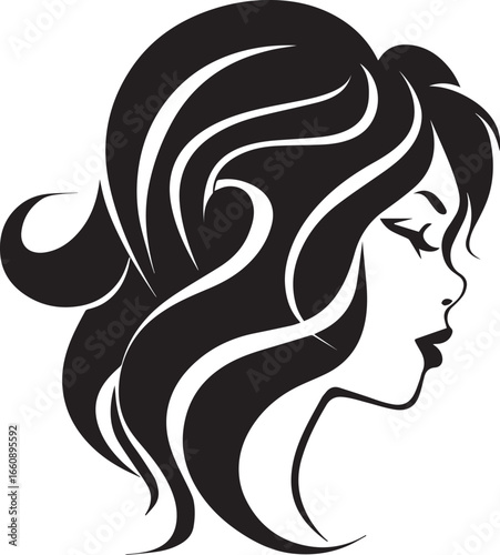 art logo of a women's hair hairdresser, modern, black and white, minimal, flat, solid white background icon black vector illustration