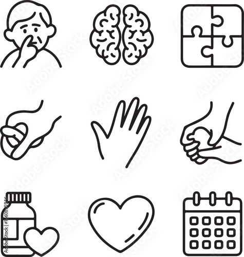 Dementia and Support Icon Collection Doodle Line Art Alzheimer’s, Cognitive Decline, Elderly Assistance, and Mental Health