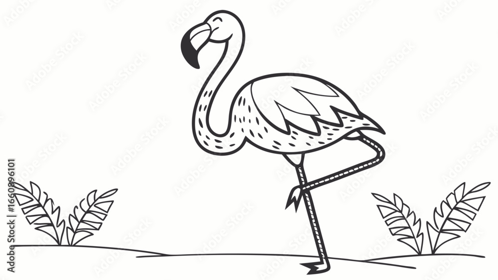 Fototapeta premium Flamingo line art illustration. Tropical bird standing on one leg. Black and white outline drawing for coloring page or graphic design element.