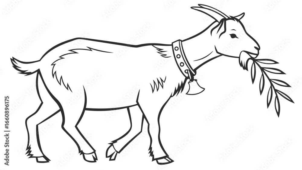 Obraz premium Line art illustration of a domestic goat wearing a bell collar and eating a leafy branch, black and white outline.