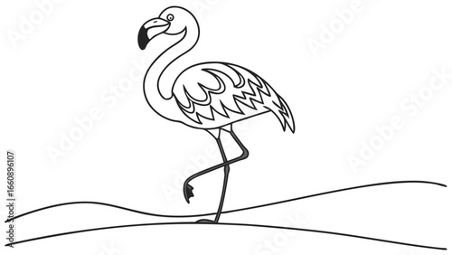 Elegant Flamingo Line Art Illustration. Black and white outline drawing of a tropical bird standing on one leg, minimalist design.
