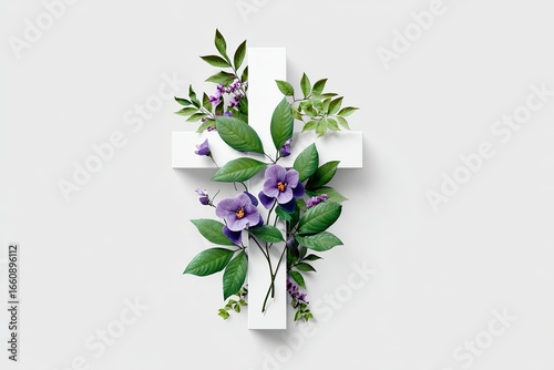 A white cross adorned with purple flowers and green foliage