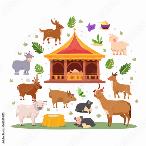 Farm animals gathered around a traditional barn with hay.