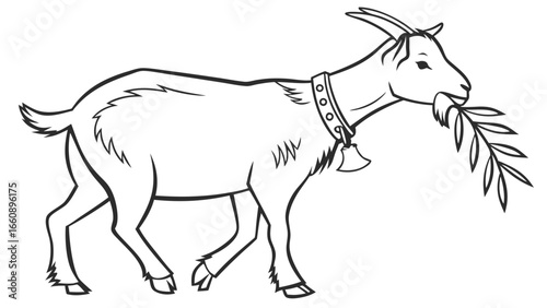 Line art illustration of a domestic goat wearing a bell collar and eating a leafy branch, black and white outline.