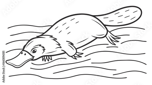 Swimming Platypus Line Art. Black and White Cartoon Illustration of a Monotreme Animal in Water, Perfect for Coloring Pages.