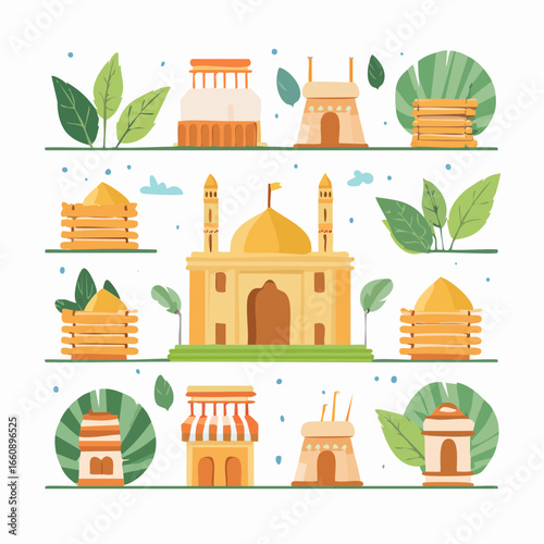 Taj Mahal monument and architectural elements illustration.