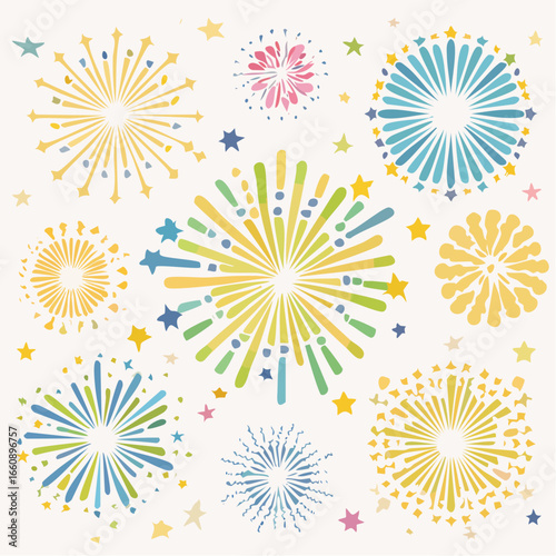 Vibrant Fireworks Explosions with Colorful Stars.