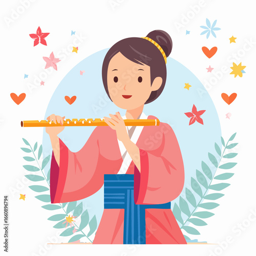 Woman in traditional Japanese kimono playing the flute surrounded by hearts and stars.