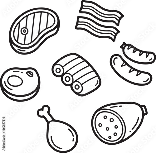 Butcher and Food Icon Collection Doodle Line Art Meat Cuts, Steak, Bacon, Sausage, Ribs, and Drumsticks