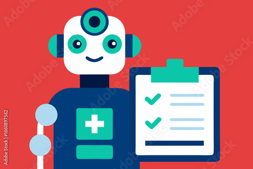 Flat Style AI Medical Bot Reviewing Vaccination Records Illustration